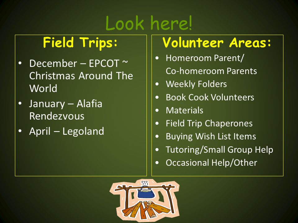 Look here! Field Trips: Volunteer Areas:
