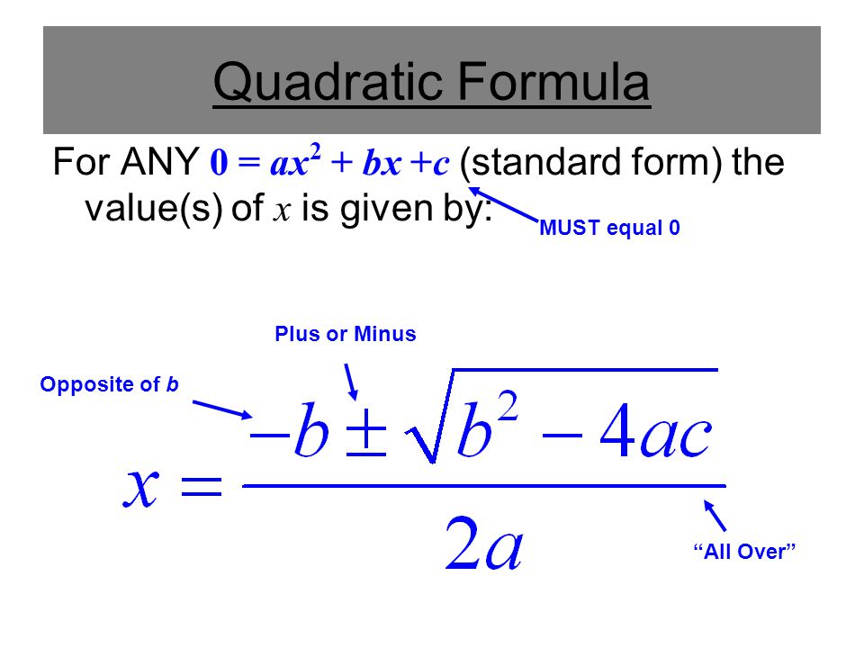 Quadratic Formula For ANY 0 = ax2 + bx +c (standard form) the value(s) of x is given by: MUST equal 0.