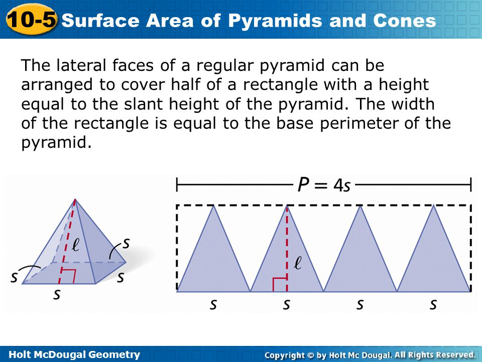 The lateral faces of a regular pyramid can be arranged to cover half of a rectangle with a height equal to the slant height of the pyramid.