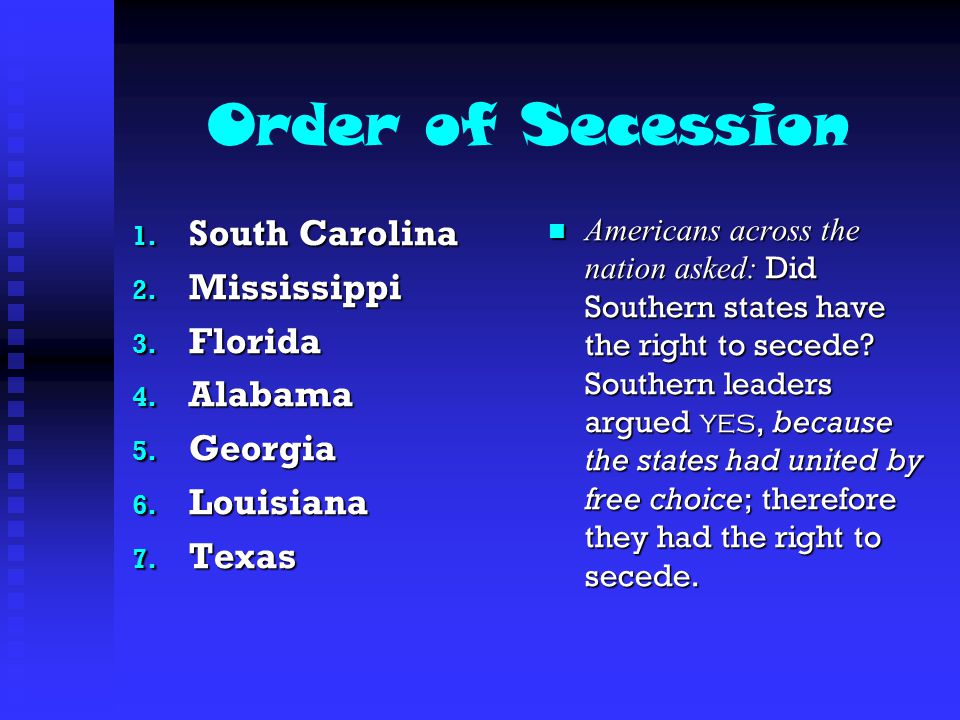 Order of Secession South Carolina Mississippi Florida Alabama Georgia