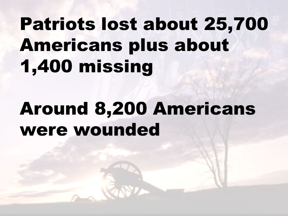 Patriots lost about 25,700 Americans plus about 1,400 missing