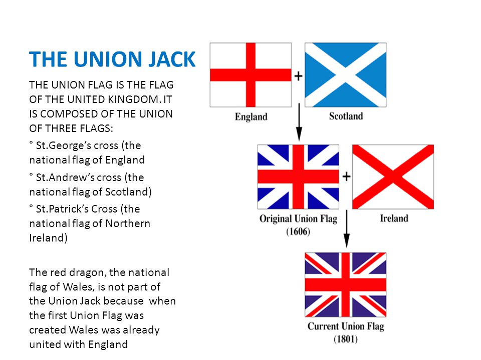 THE UNION JACK THE UNION FLAG IS THE FLAG OF THE UNITED KINGDOM. IT IS COMPOSED OF THE UNION OF THREE FLAGS: