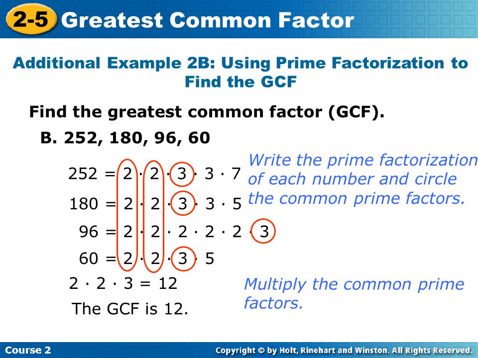 Additional Example 2B: Using Prime Factorization to Find the GCF