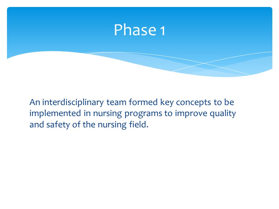 Phase 1 An interdisciplinary team formed key concepts to be implemented in nursing programs to improve quality and safety of the nursing field.