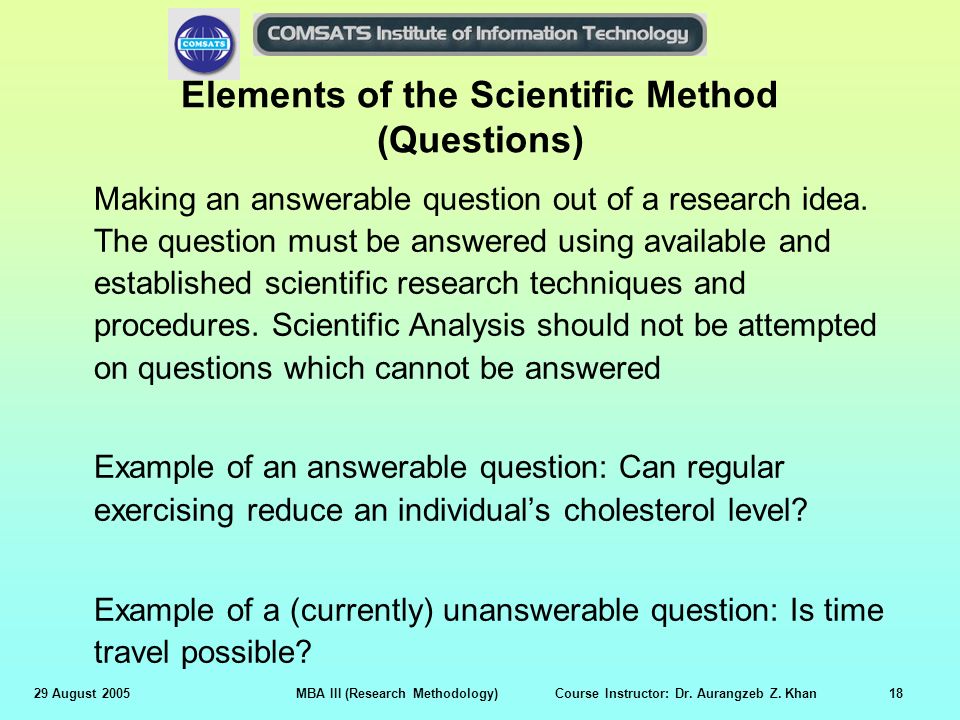 Elements of the Scientific Method (Questions)