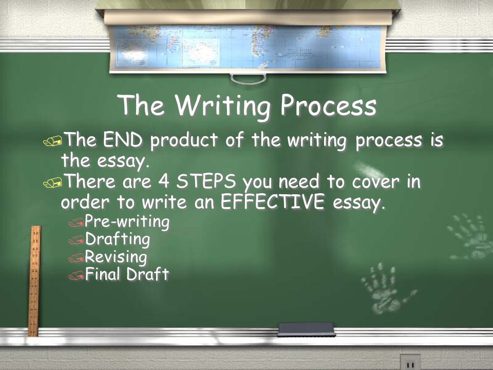 The Writing Process The END product of the writing process is the essay. There are 4 STEPS you need to cover in order to write an EFFECTIVE essay.