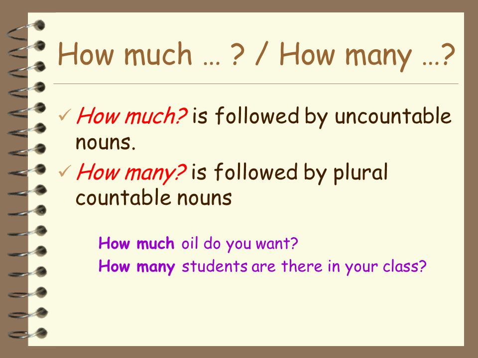 How much … / How many … How much is followed by uncountable nouns.