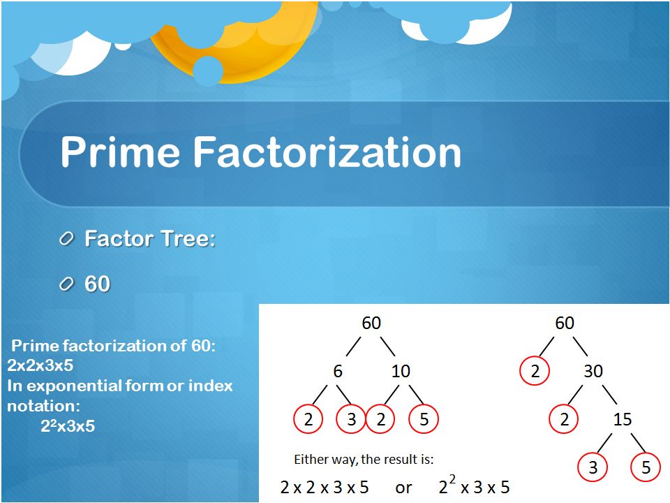Prime Factorization Factor Tree: 60 Prime factorization of 60: 2x2x3x5