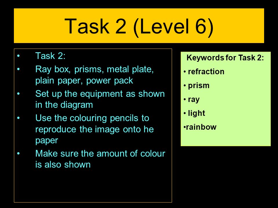 Task 2 (Level 6) Task 2: Ray box, prisms, metal plate, plain paper, power pack. Set up the equipment as shown in the diagram.