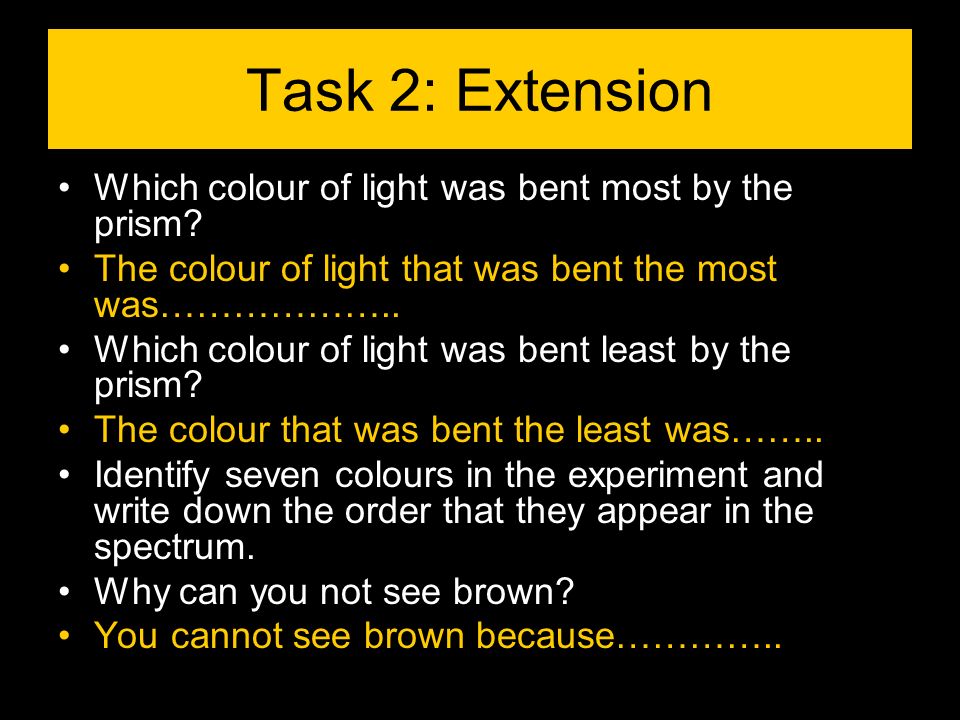 Task 2: Extension Which colour of light was bent most by the prism