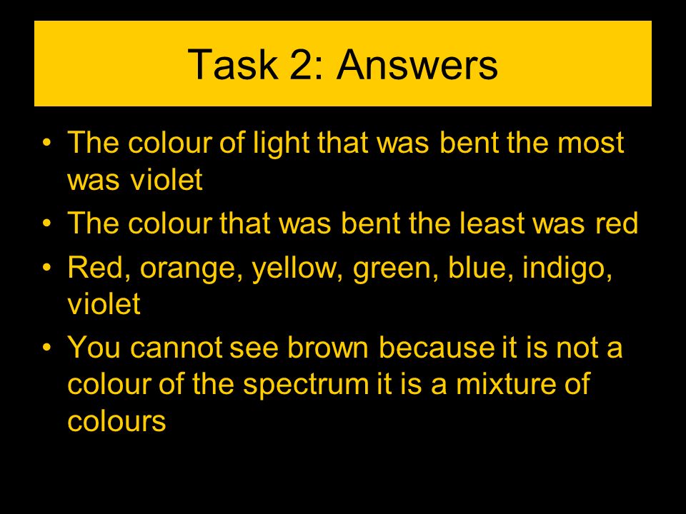 Task 2: Answers The colour of light that was bent the most was violet