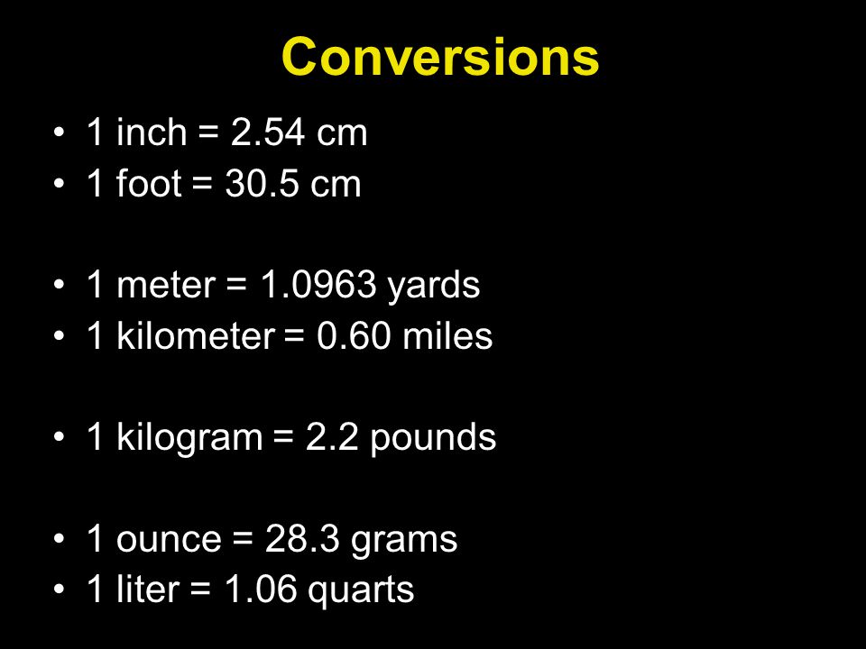 Conversions 1 inch = 2.54 cm 1 foot = 30.5 cm 1 meter = yards