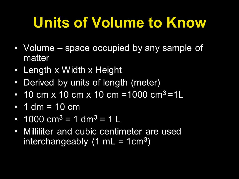 Units of Volume to Know Volume – space occupied by any sample of matter. Length x Width x Height. Derived by units of length (meter)