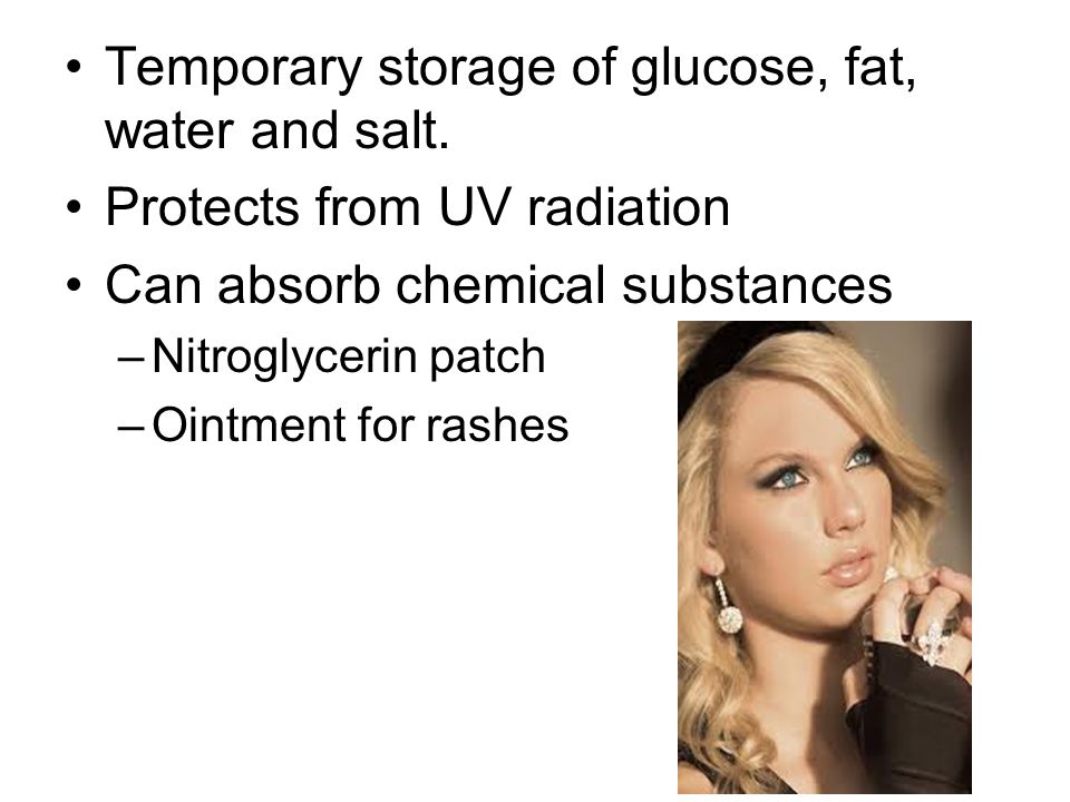 Temporary storage of glucose, fat, water and salt.