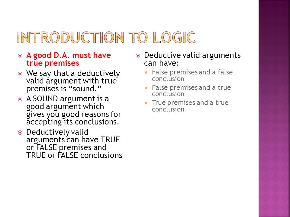 Introduction to LOGIC A good D.A. must have true premises