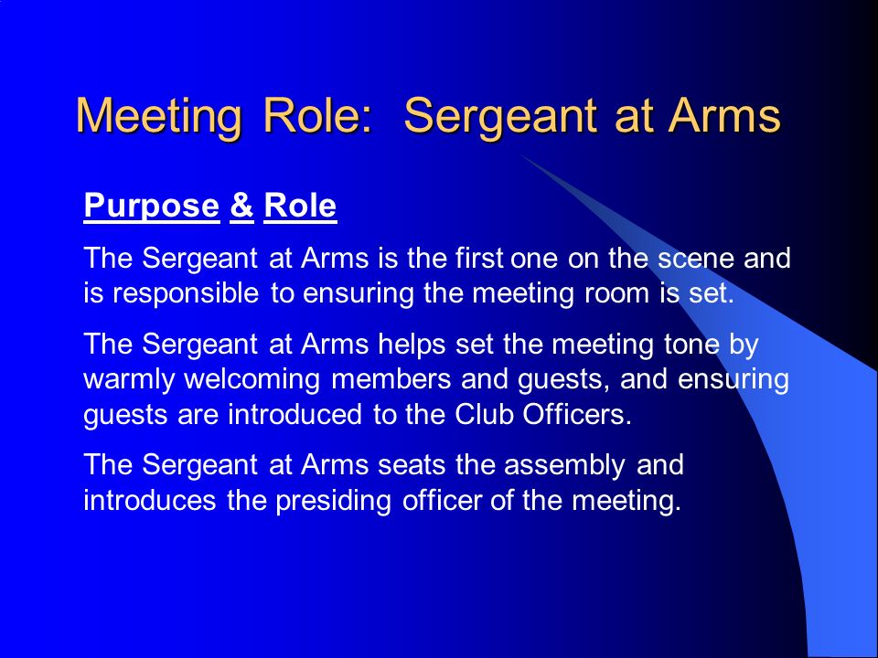 sergeant at arms seats the assembly and introduces the presiding