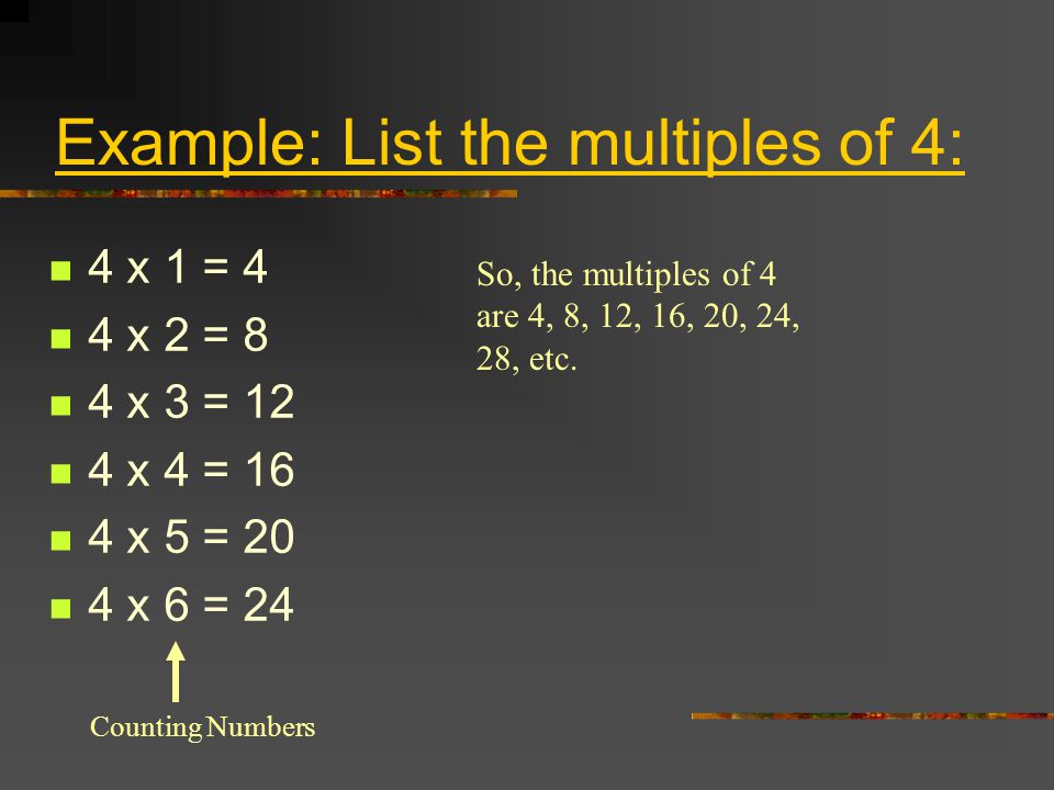 Example: List the multiples of 4: