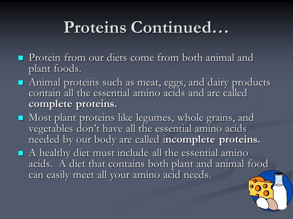 Proteins Continued… Protein from our diets come from both animal and plant foods.