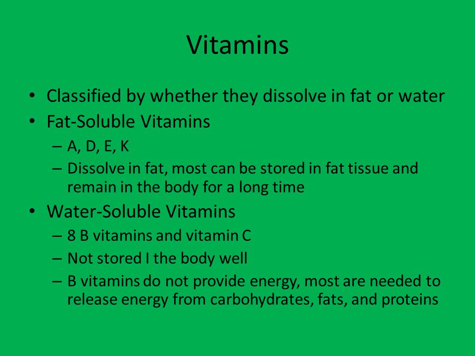 Vitamins Classified by whether they dissolve in fat or water