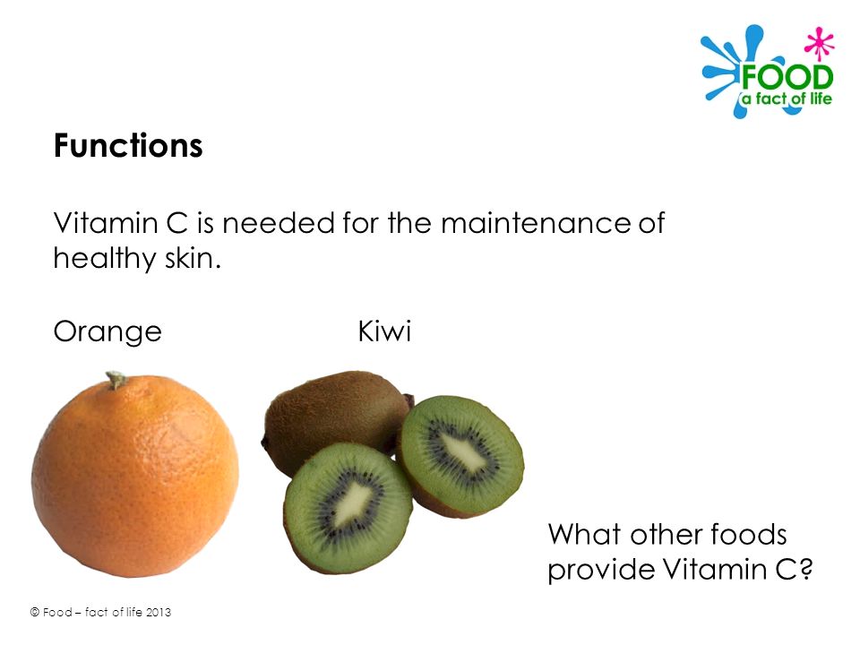 Functions Vitamin C is needed for the maintenance of healthy skin.