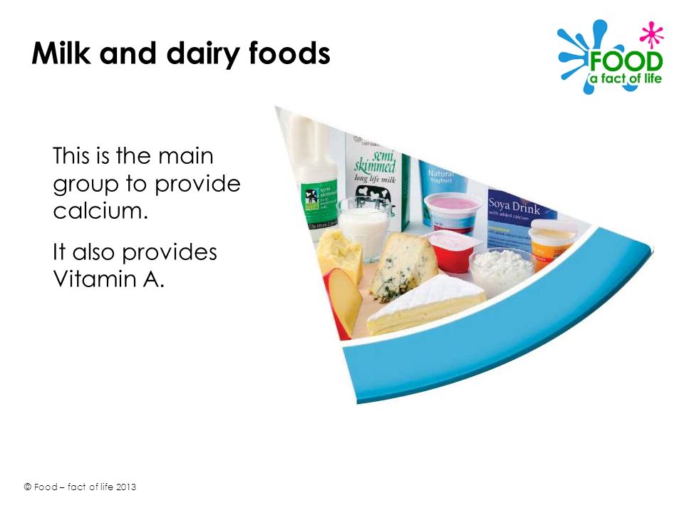 Milk and dairy foods This is the main group to provide calcium.