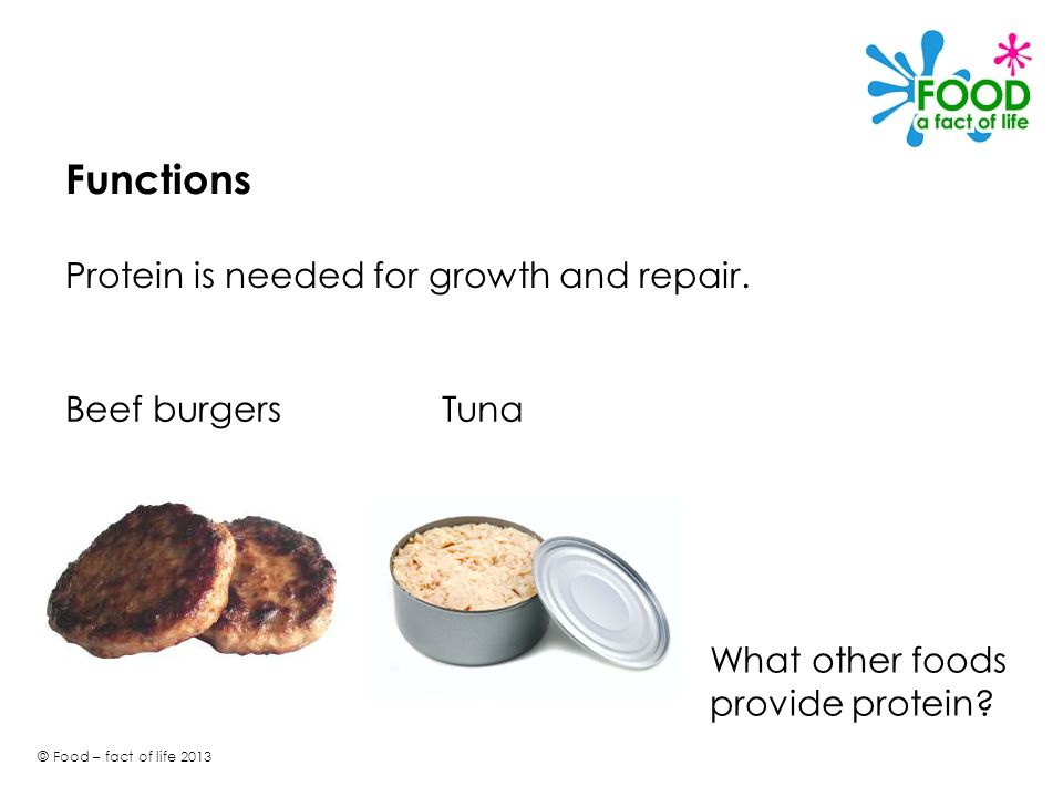 Functions Protein is needed for growth and repair. Beef burgers Tuna
