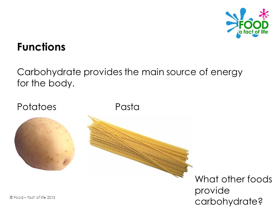 Functions Carbohydrate provides the main source of energy for the body.