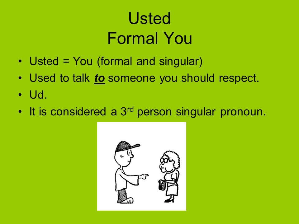 Usted Formal You Usted = You (formal and singular)