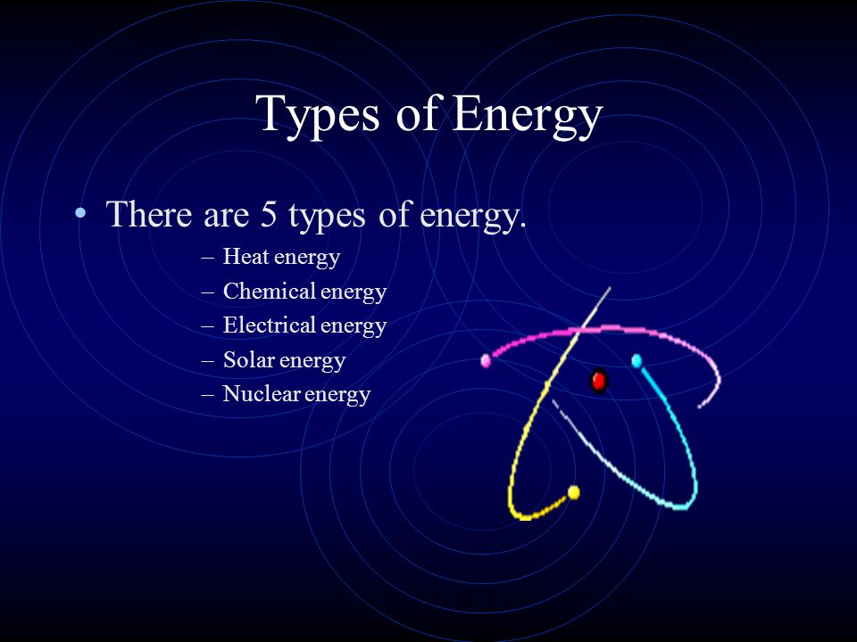 Types of Energy There are 5 types of energy. Heat energy