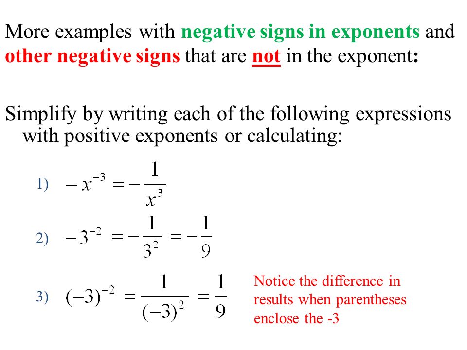 More examples with negative signs in exponents and other negative signs that are not in the exponent: