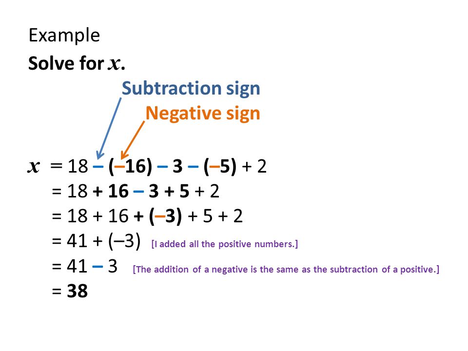 Example Solve for x. Subtraction sign. Negative sign.