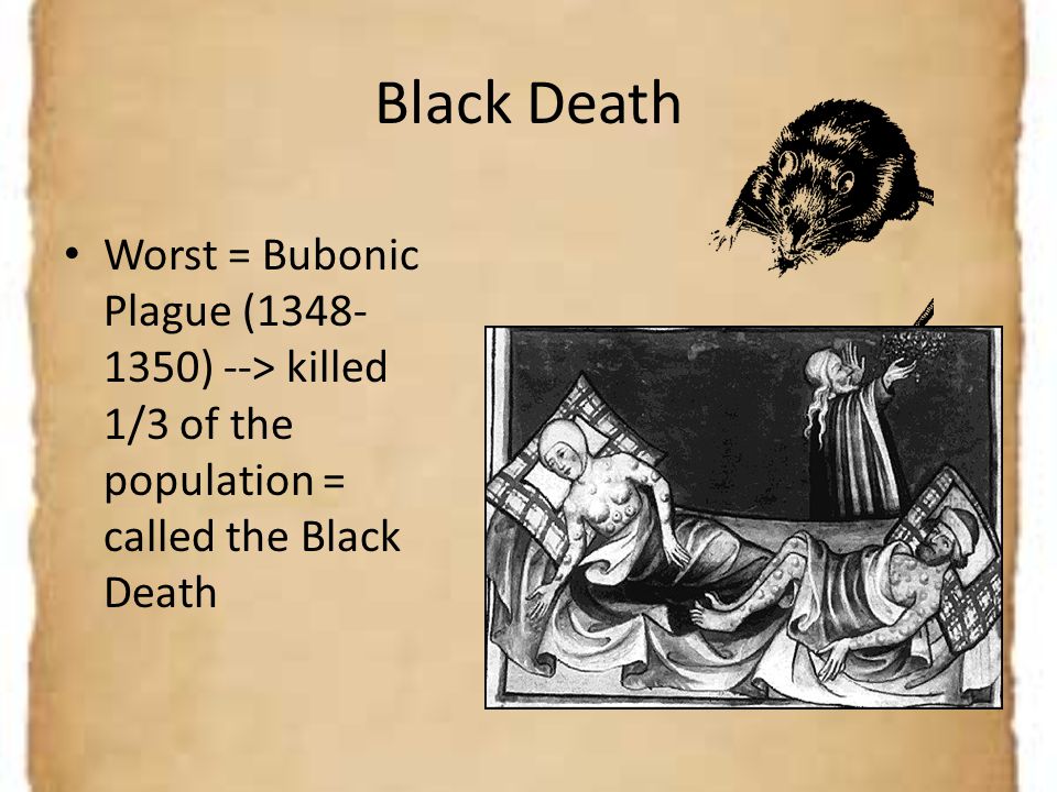 Black Death Worst = Bubonic Plague ( ) --> killed 1/3 of the population = called the Black Death.