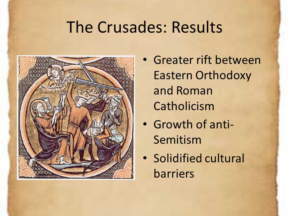 The Crusades: Results Greater rift between Eastern Orthodoxy and Roman Catholicism. Growth of anti-Semitism.
