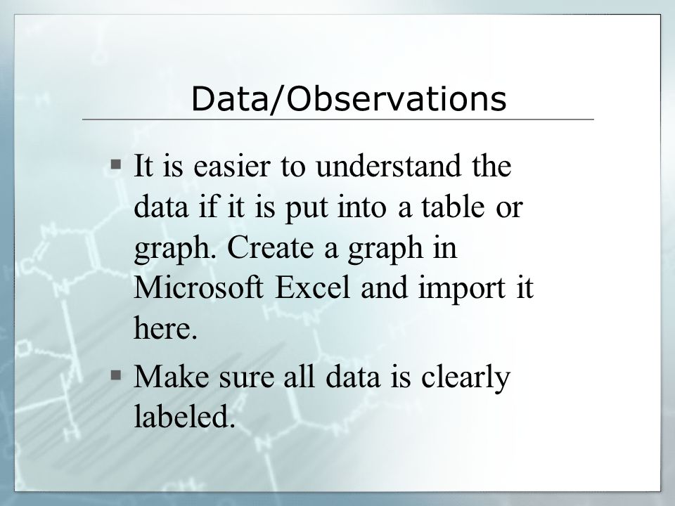 Data/Observations It is easier to understand the data if it is put into a table or graph. Create a graph in Microsoft Excel and import it here.
