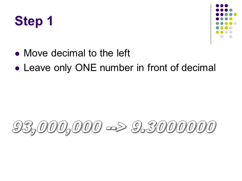 Step 1 93,000,000 --> Move decimal to the left