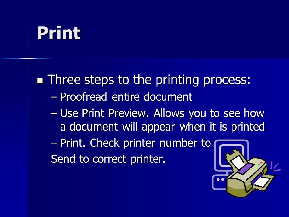 Print Three steps to the printing process: Proofread entire document