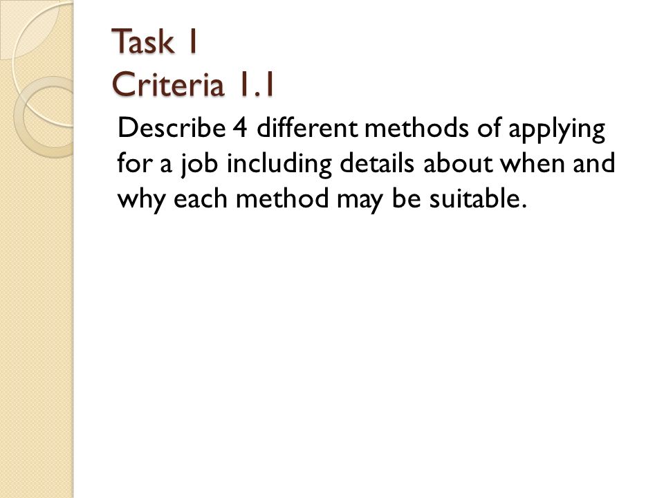 Task 1 Criteria 1.1 Describe 4 different methods of applying for a job including details about when and why each method may be suitable.