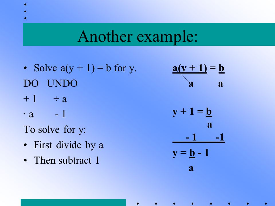 Another example: Solve a(y + 1) = b for y. DO UNDO + 1 ÷ a · a - 1