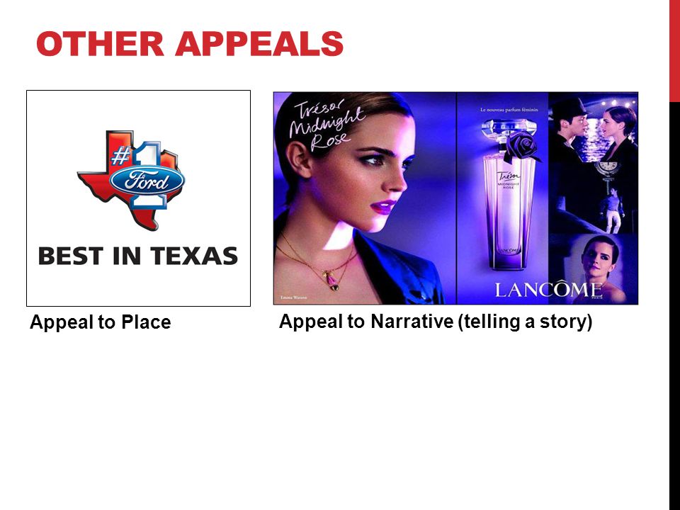Other appeals Appeal to Place Appeal to Narrative (telling a story)