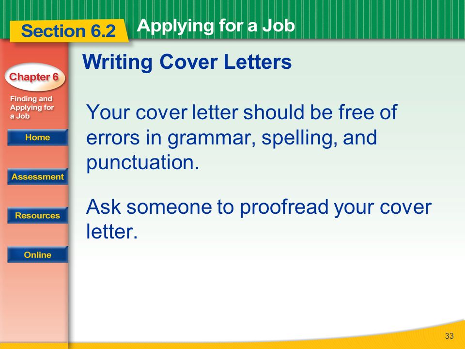 Writing Cover Letters Your cover letter should be free of errors in grammar, spelling, and punctuation.