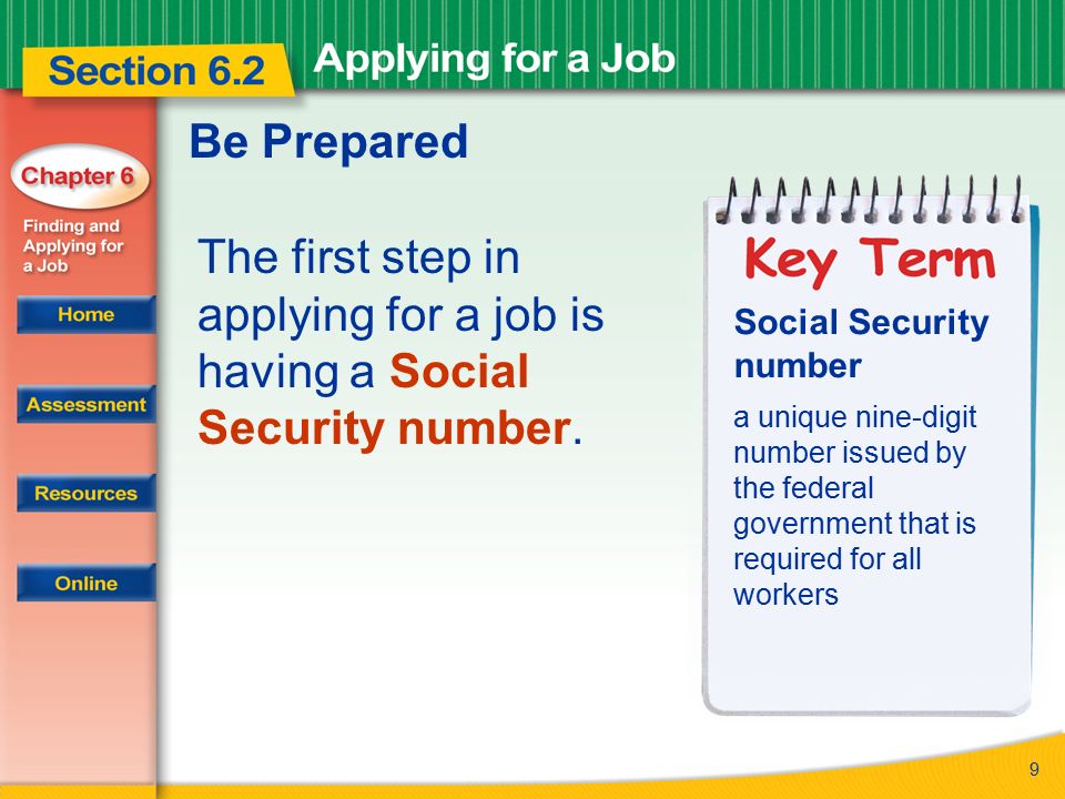 Be Prepared The first step in applying for a job is having a Social Security number. Social Security number.