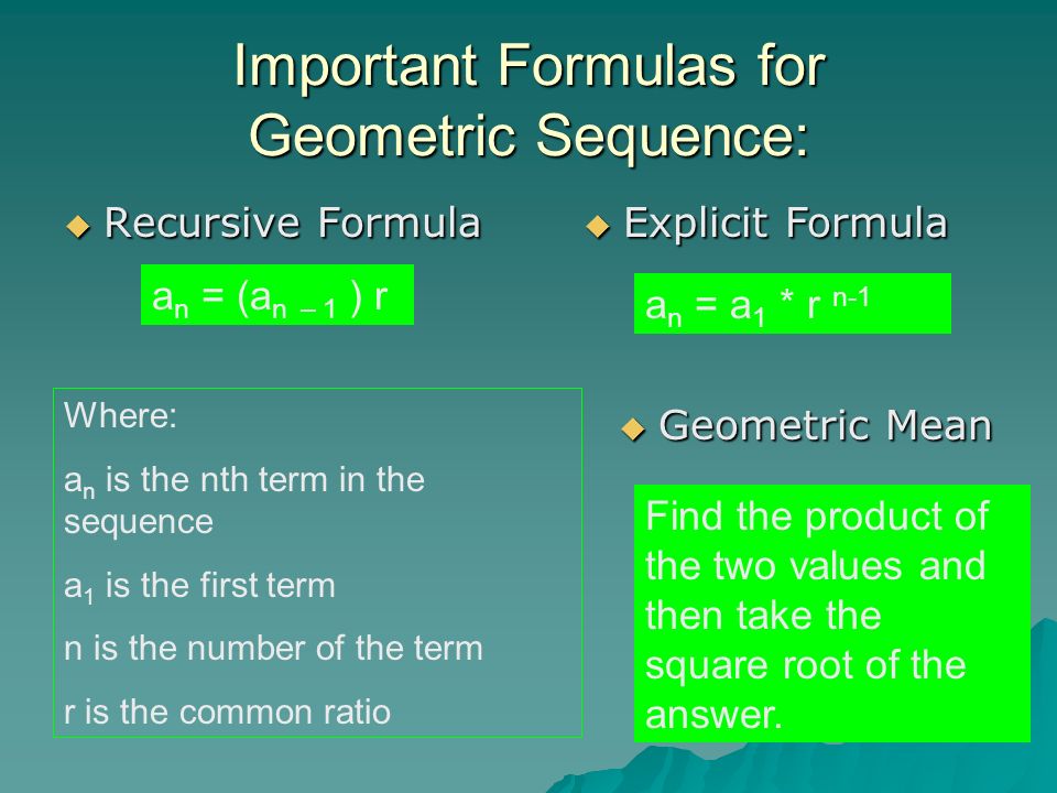 Important Formulas for Geometric Sequence: