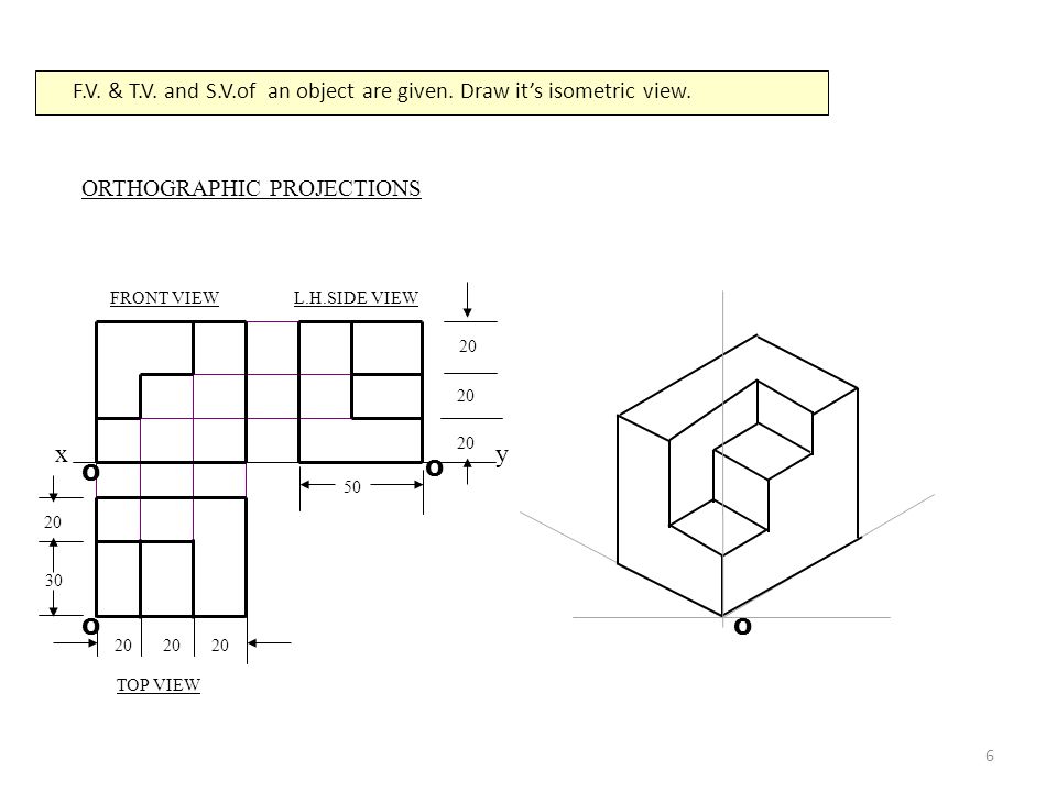 F.V. & T.V. and S.V.of an object are given. Draw it’s isometric view.