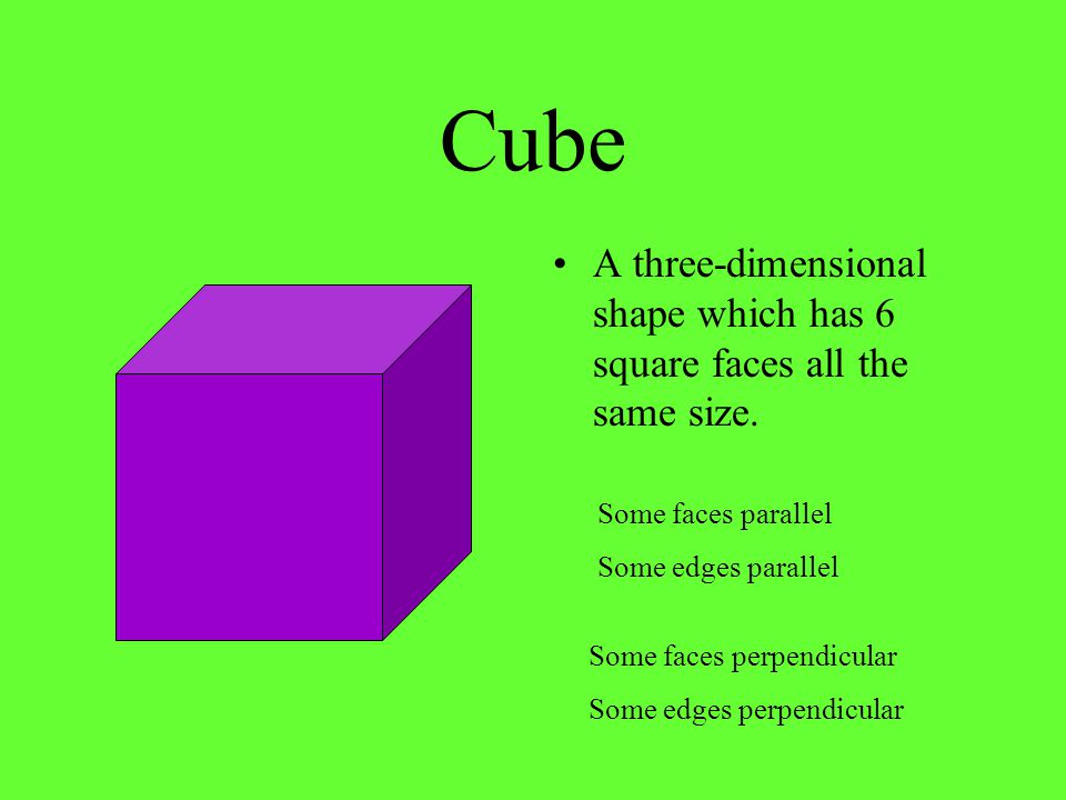 Cube A three-dimensional shape which has 6 square faces all the same size. Some faces parallel. Some edges parallel.