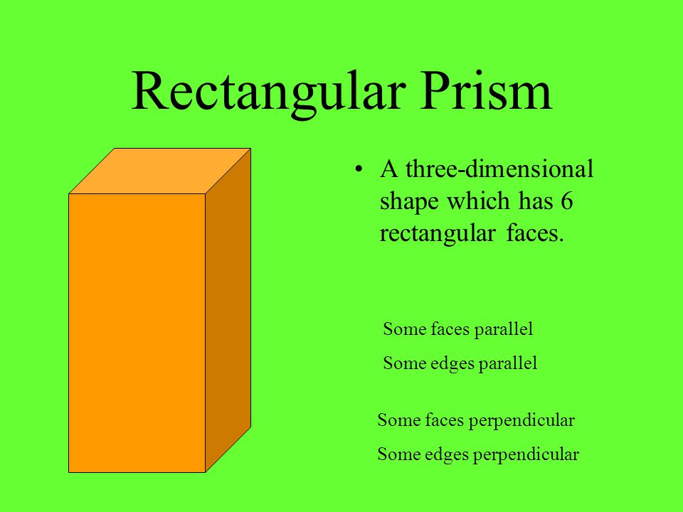 Rectangular Prism A three-dimensional shape which has 6 rectangular faces. Some faces parallel. Some edges parallel.