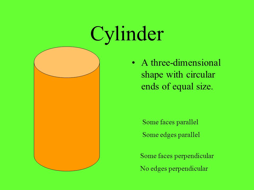 Cylinder A three-dimensional shape with circular ends of equal size.