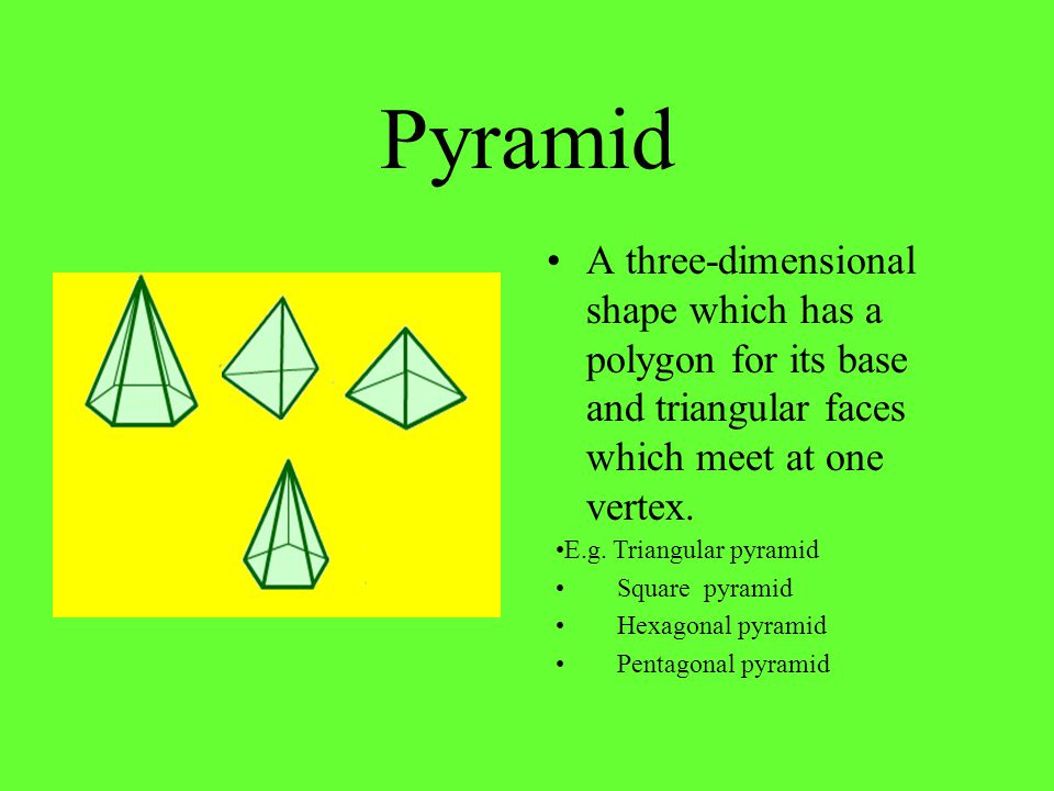 Pyramid A three-dimensional shape which has a polygon for its base and triangular faces which meet at one vertex.