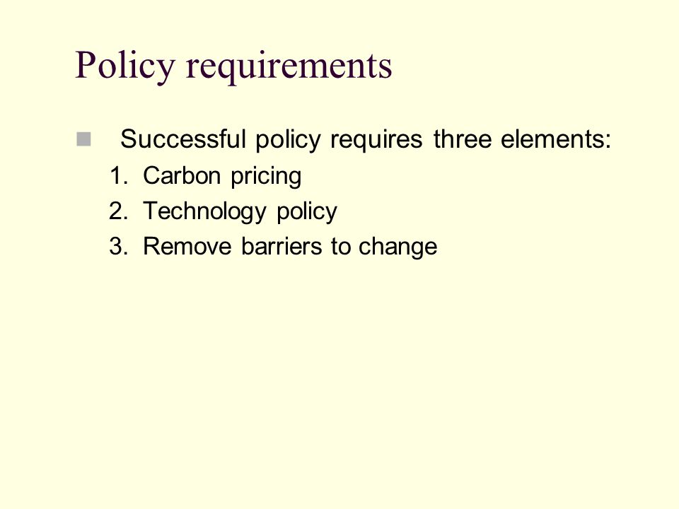 Policy requirements Successful policy requires three elements: