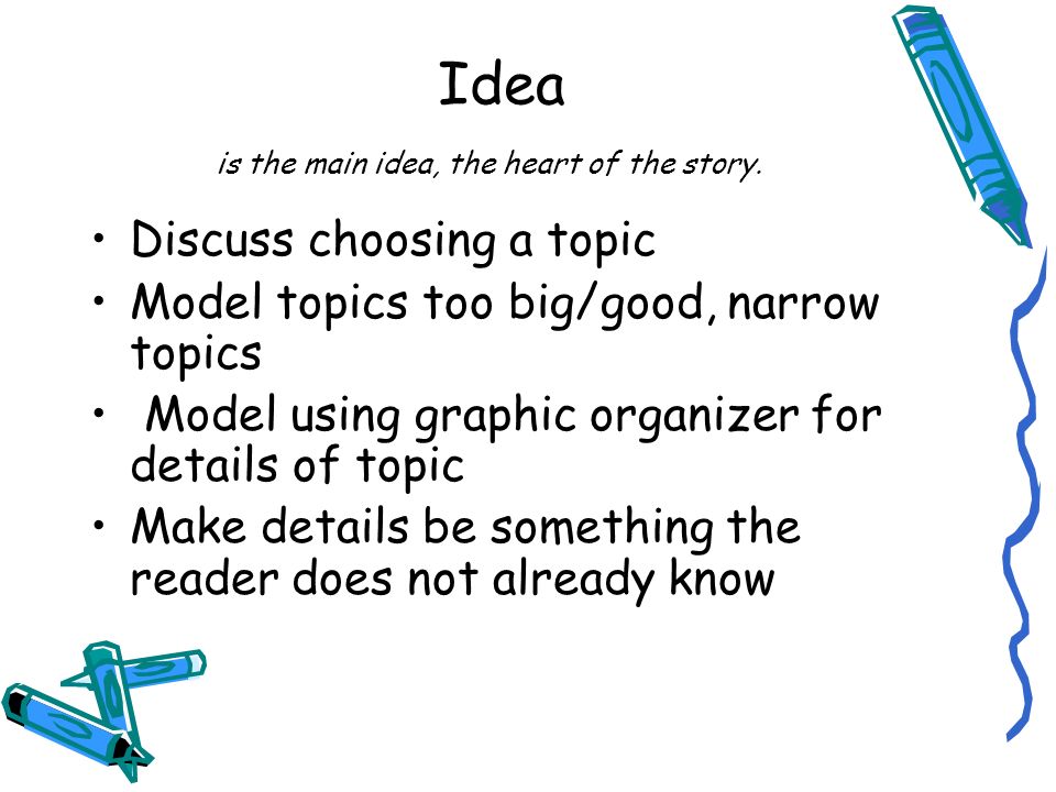 Idea is the main idea, the heart of the story.