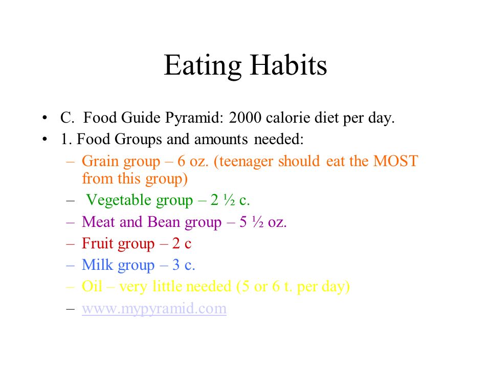Eating Habits C. Food Guide Pyramid: 2000 calorie diet per day.